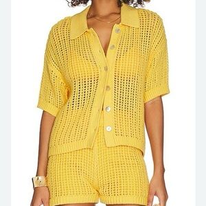 Yellow Knit Button-Up Cardigan and Shorts Set Size Medium